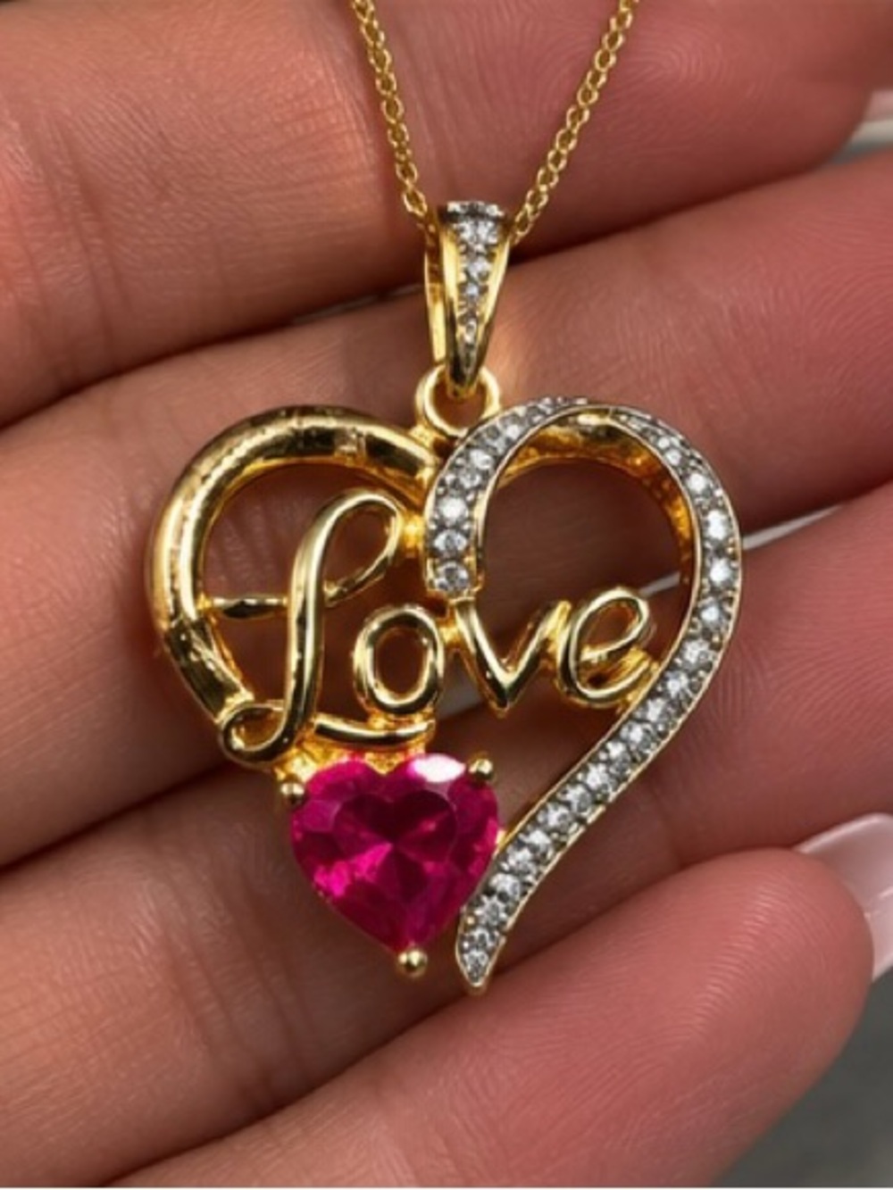BR KRN HEART Love PENDANT Charm  Pink Fuschia goldtone clear rhinestone